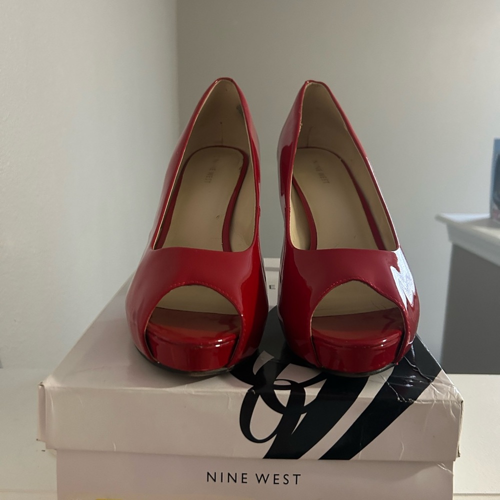 Nine West Glossy Red Peep Toe Heels